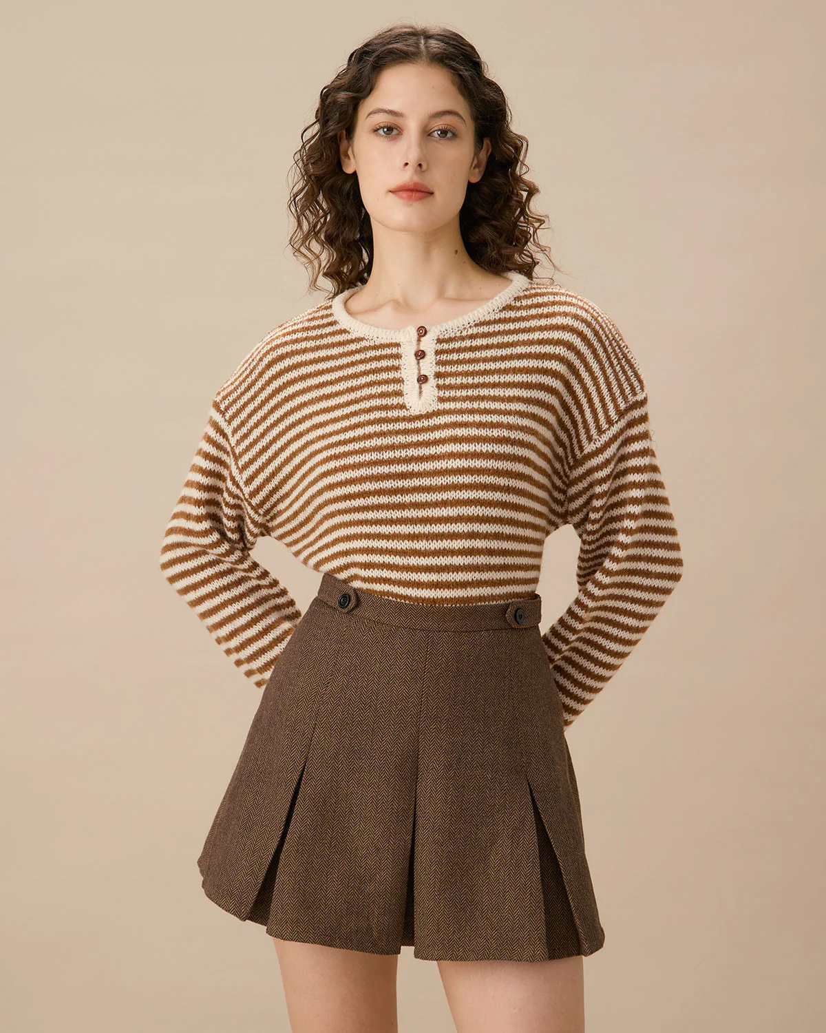 Brown Striped Pleated Mini Skirt - Image 5