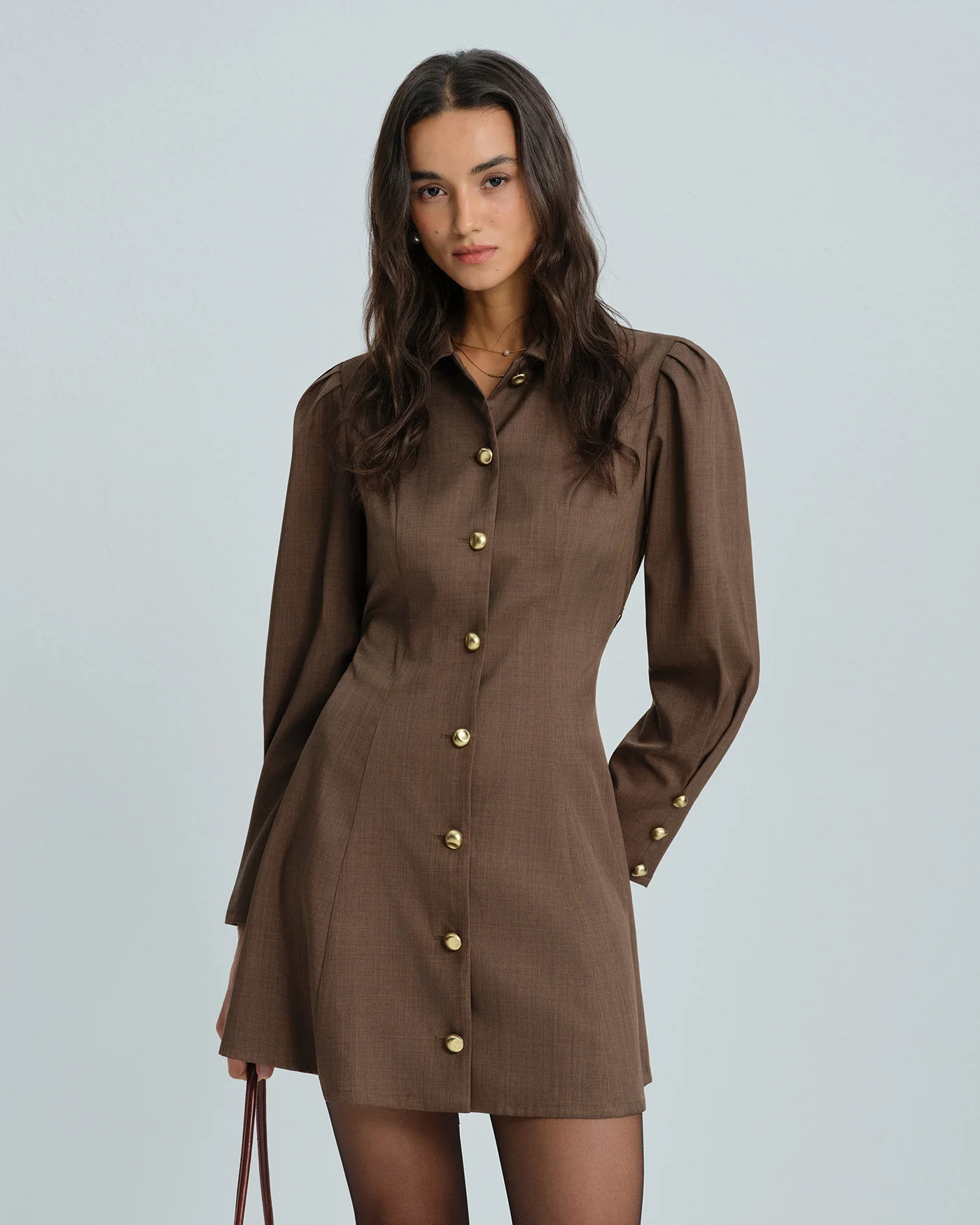 Brown Tie Button Mini Dress - Image 2