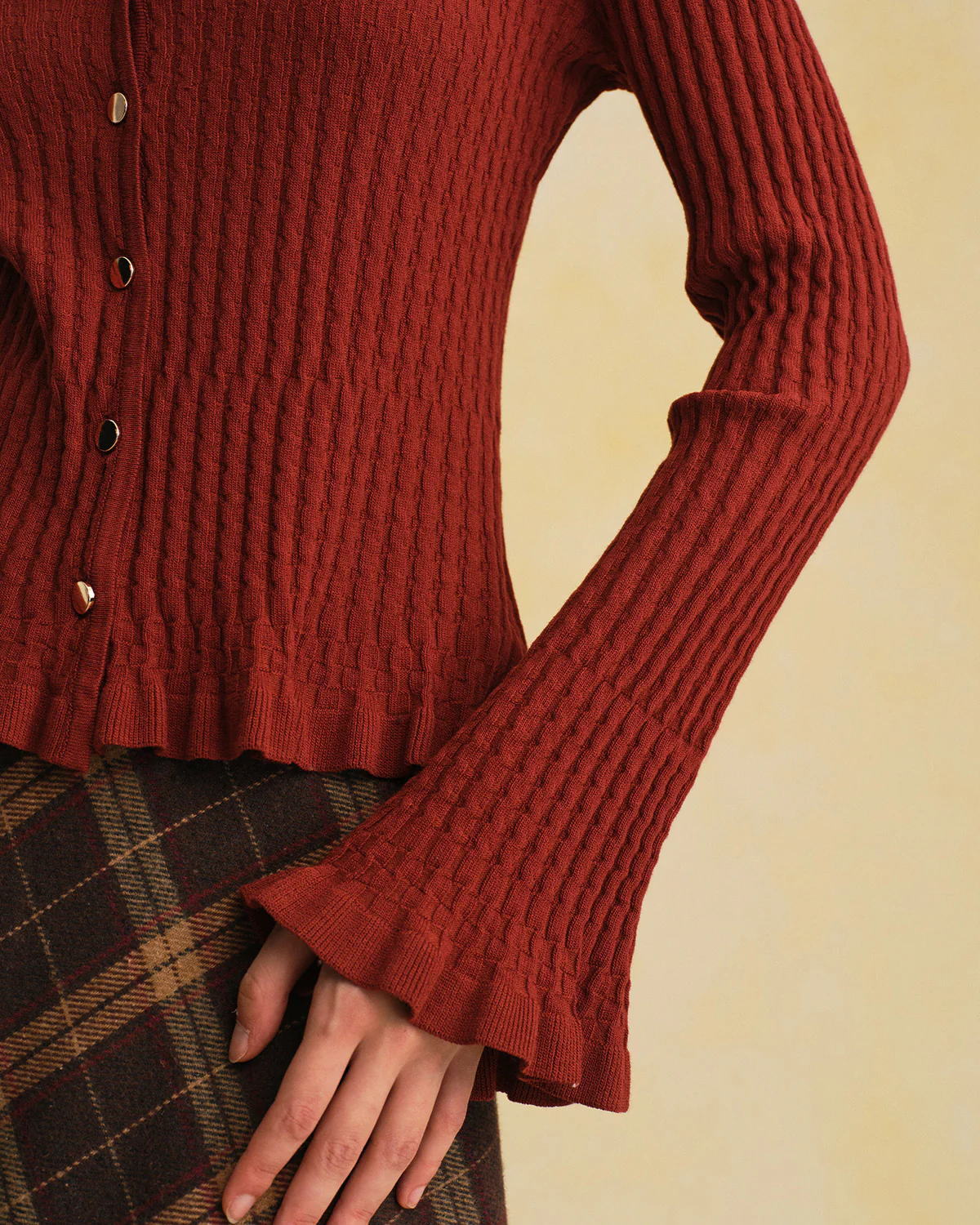 Brown V Neck Bell Sleeve Knit Cardigan - Image 2