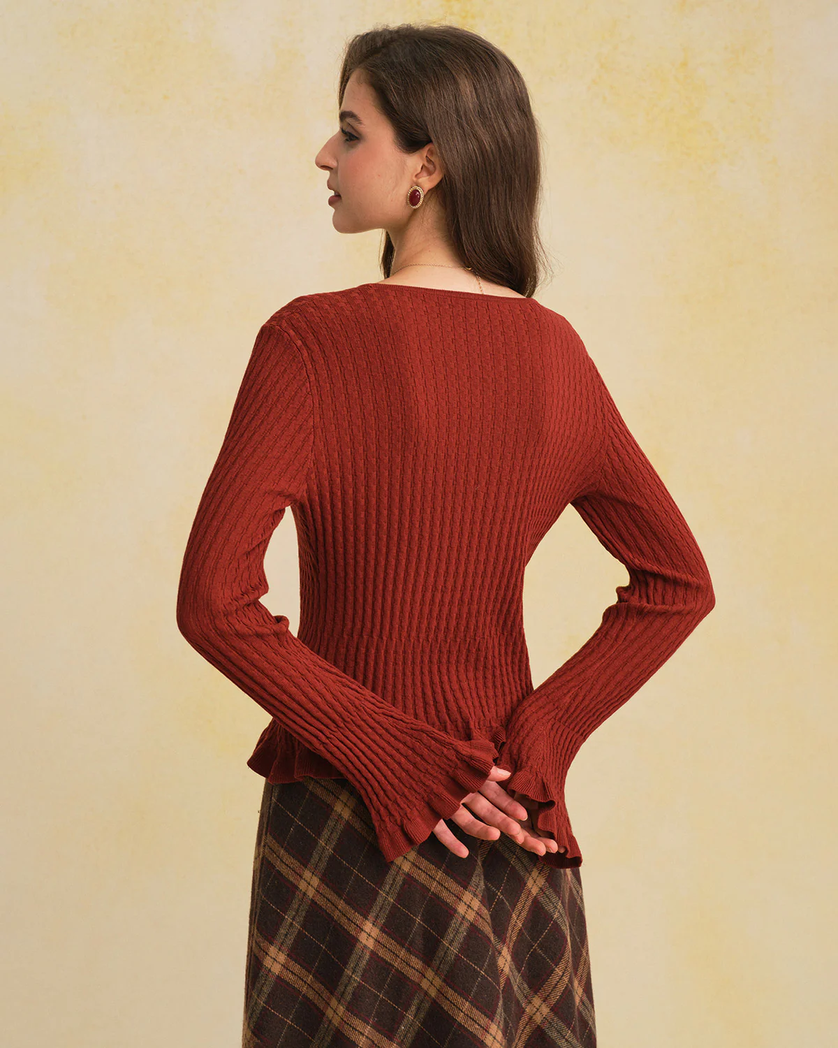 Brown V Neck Bell Sleeve Knit Cardigan - Image 3