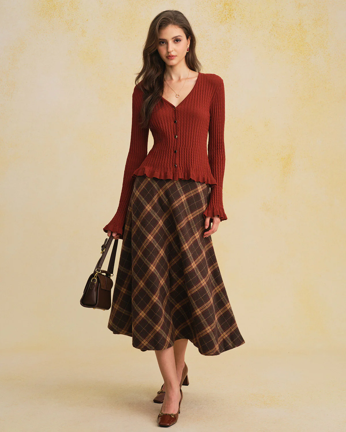 Brown V Neck Bell Sleeve Knit Cardigan - Image 4