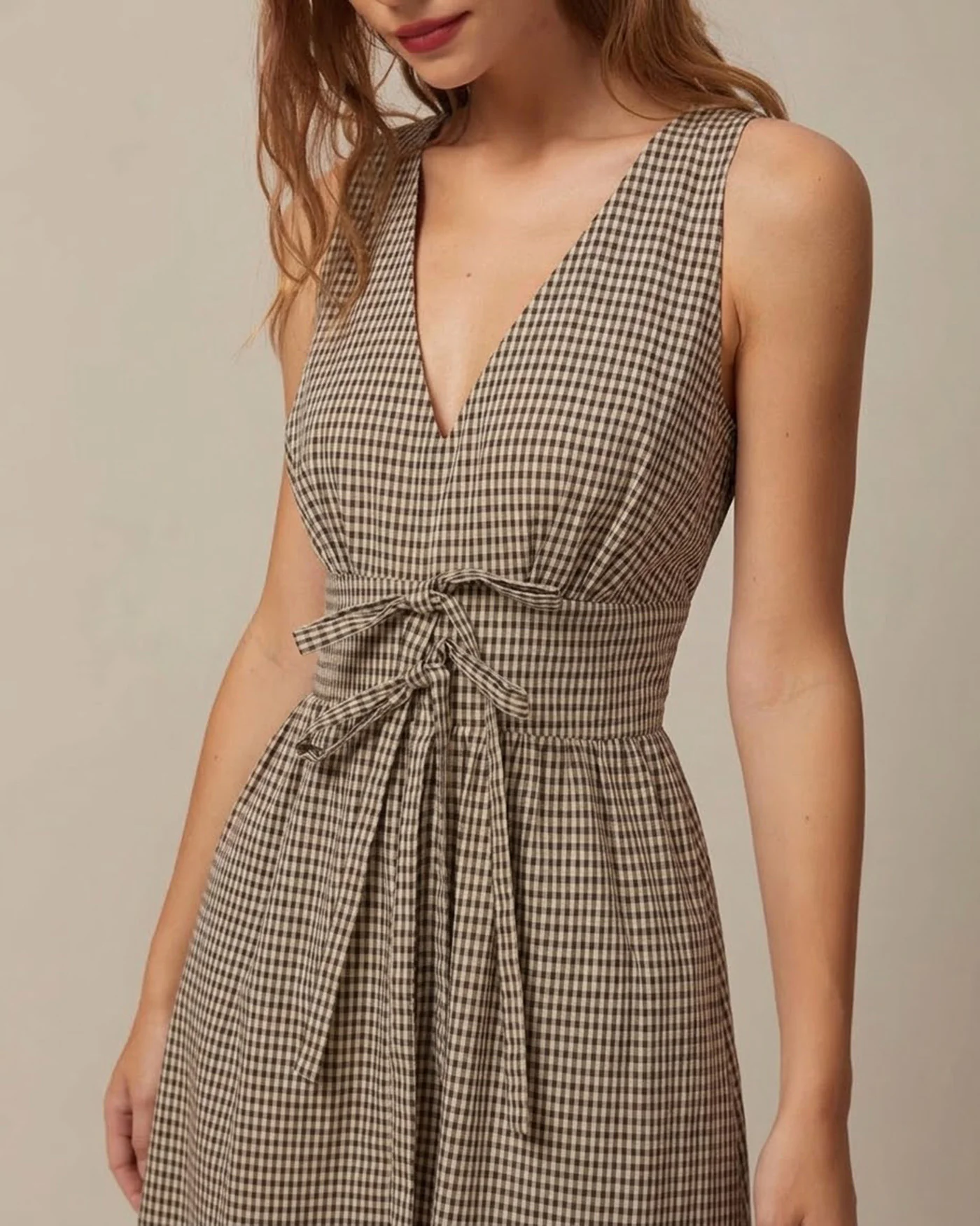 Brown V Neck Plaid Maxi Dress - Image 2