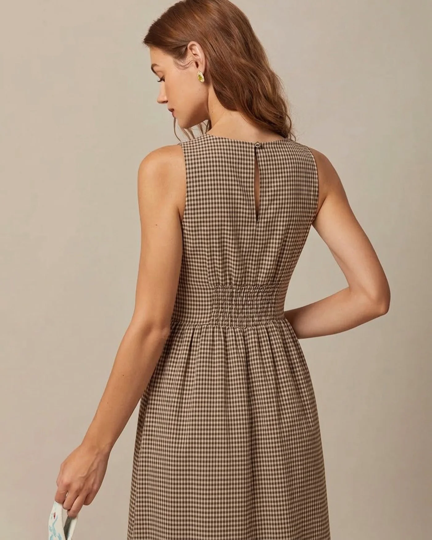 Brown V Neck Plaid Maxi Dress - Image 3