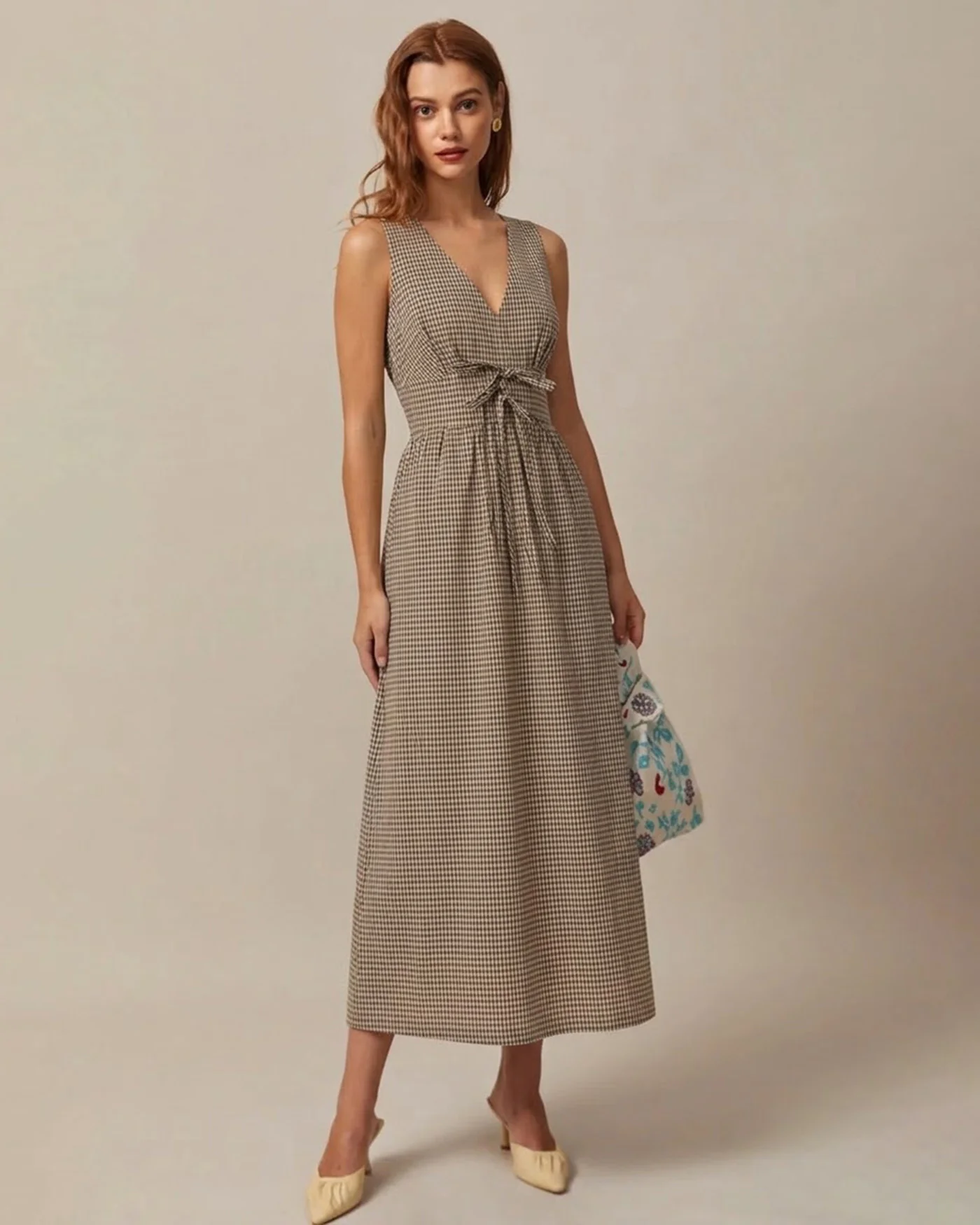 Brown V Neck Plaid Maxi Dress - Image 4