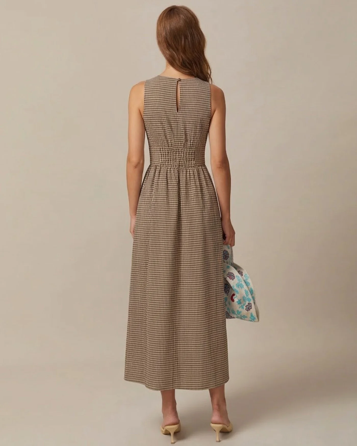 Brown V Neck Plaid Maxi Dress - Image 5