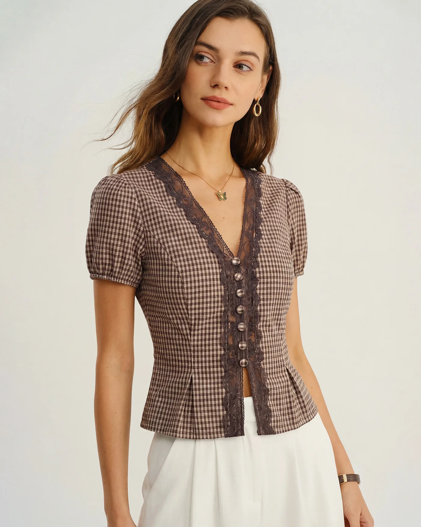 Brown V Neck Puffed Sleeve Plaid Blouse - Image 2