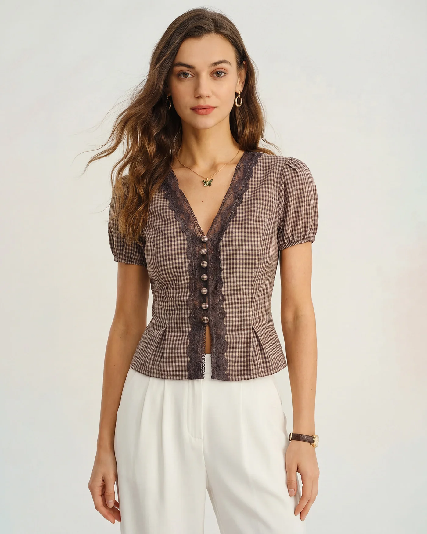 Brown V Neck Puffed Sleeve Plaid Blouse - Image 3