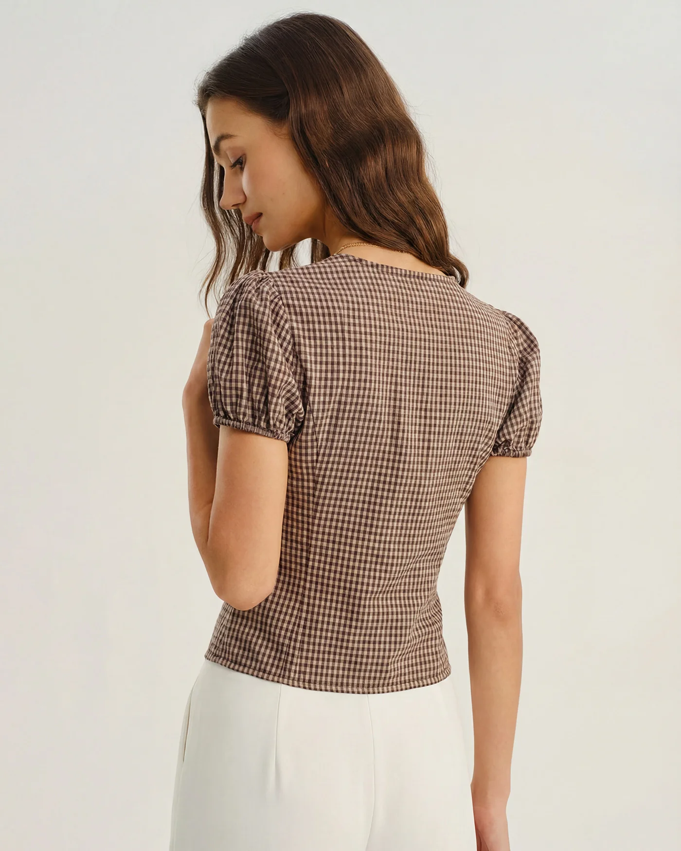 Brown V Neck Puffed Sleeve Plaid Blouse - Image 4