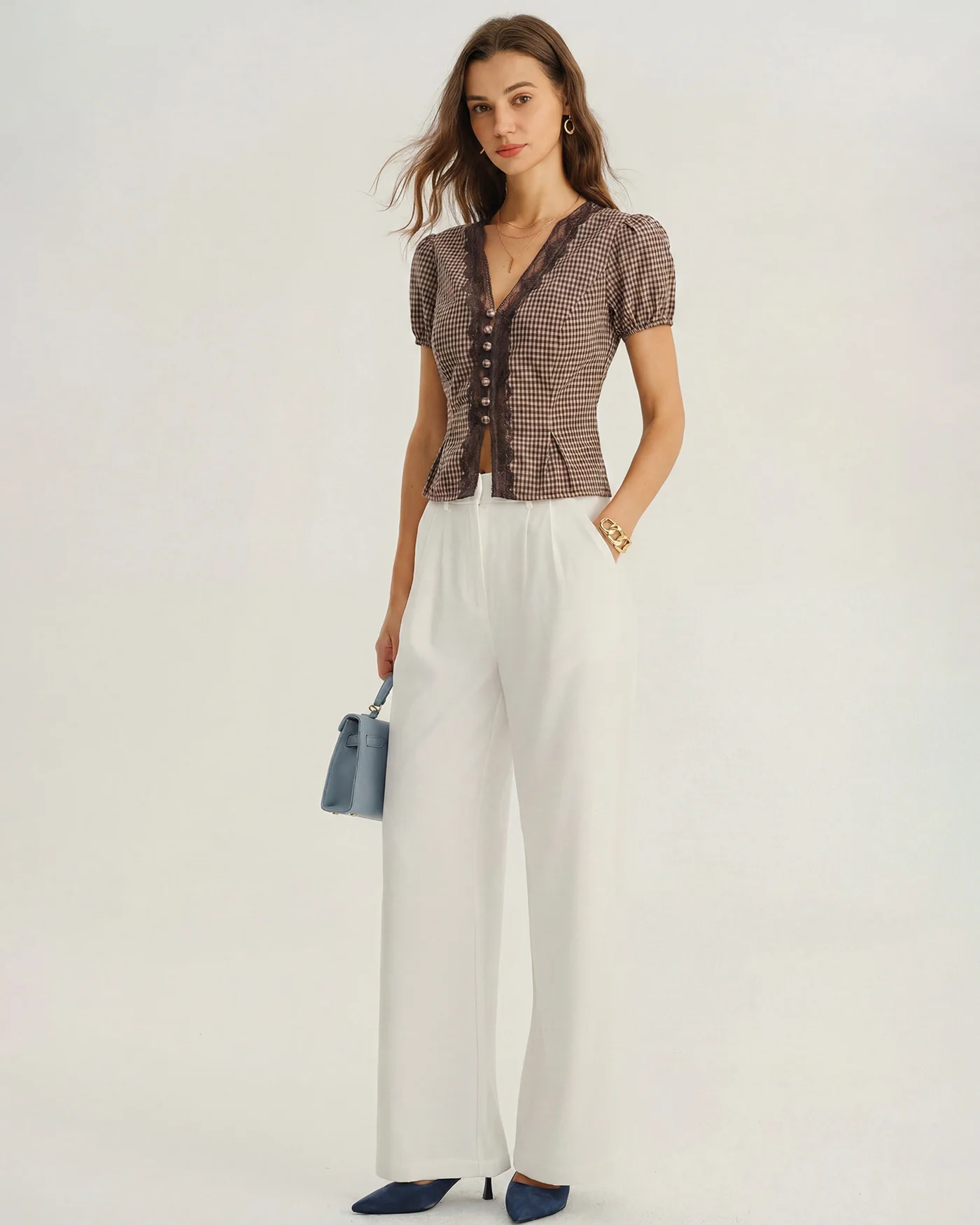 Brown V Neck Puffed Sleeve Plaid Blouse - Image 5