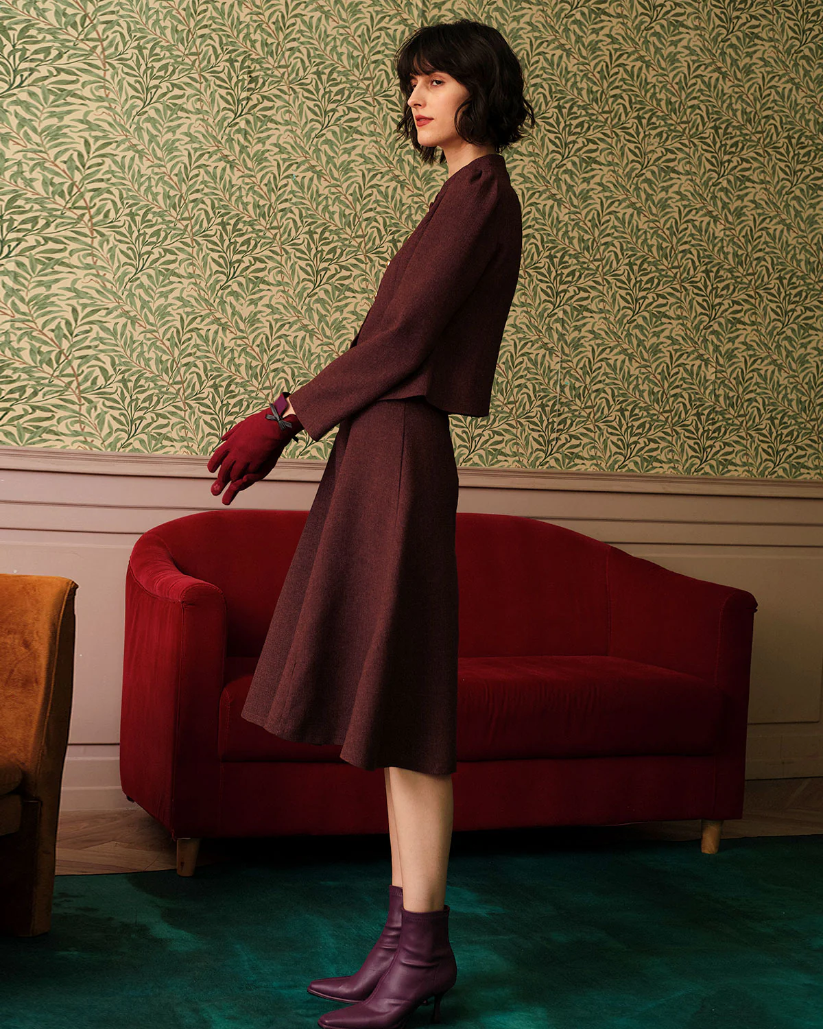 Burgundy High Waisted Tweed Skirt - Image 3