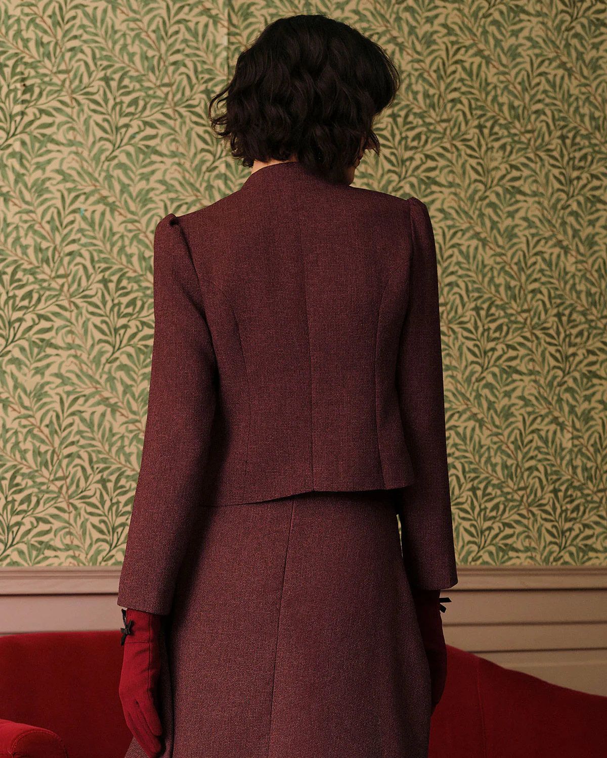 Burgundy Retro Single-breasted Tweed Jacket - Image 3