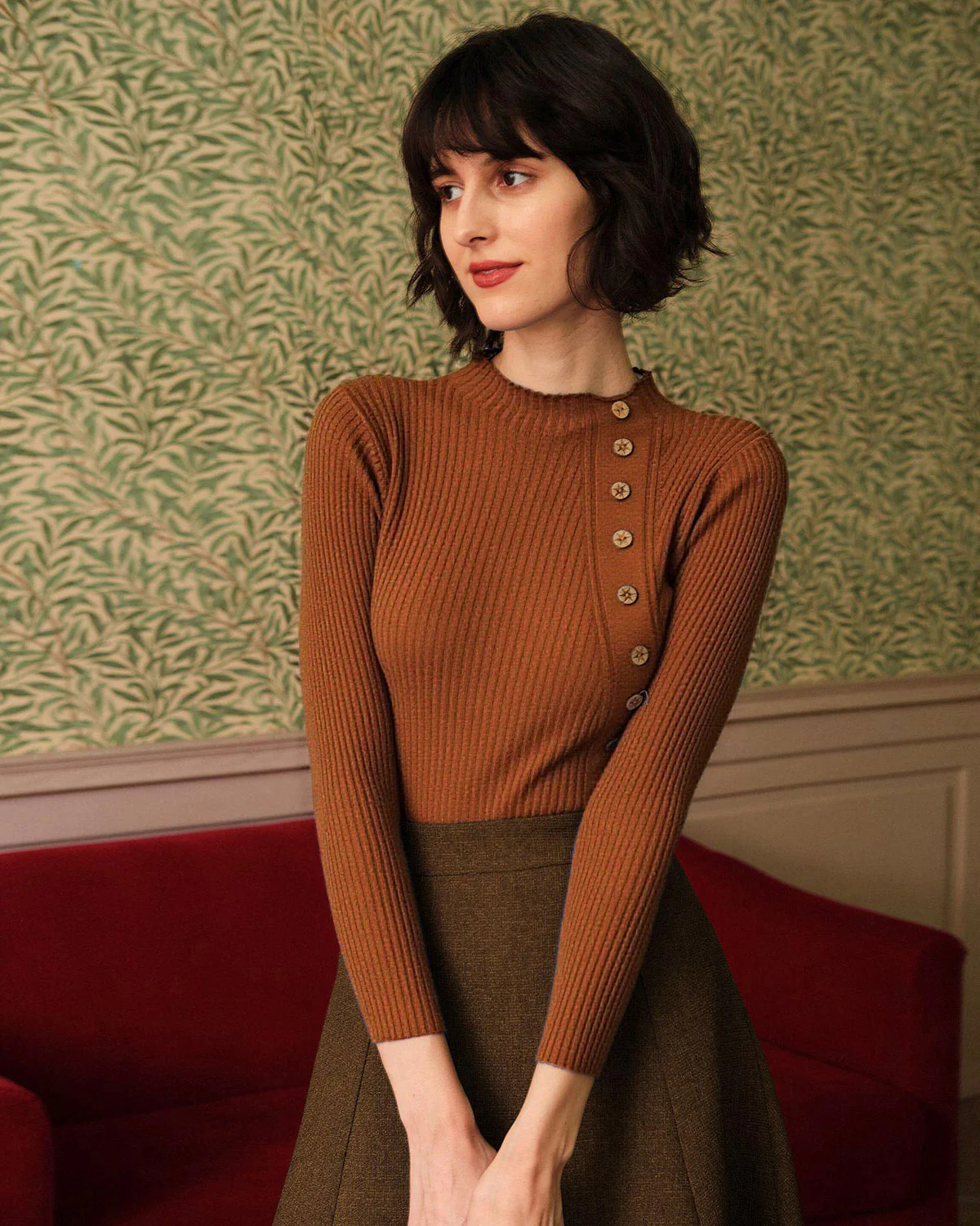Caramel Mock Neck Ribbed Knit Tee - Image 5