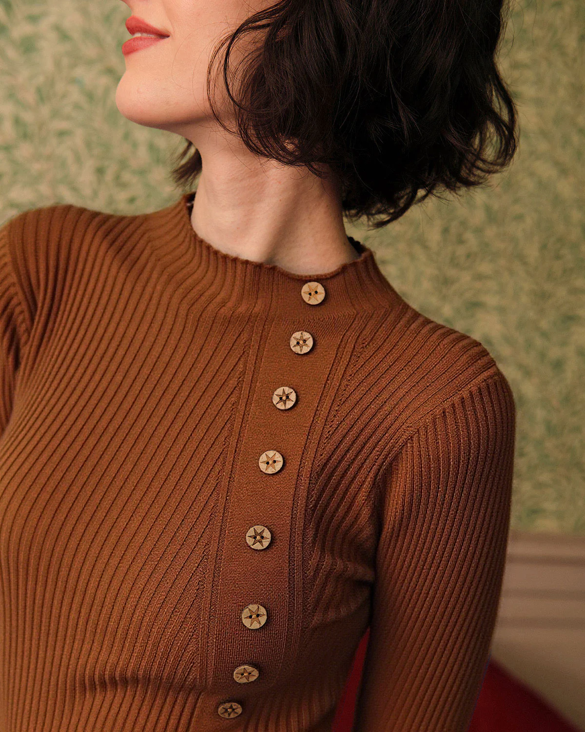 Caramel Mock Neck Ribbed Knit Tee - Image 6