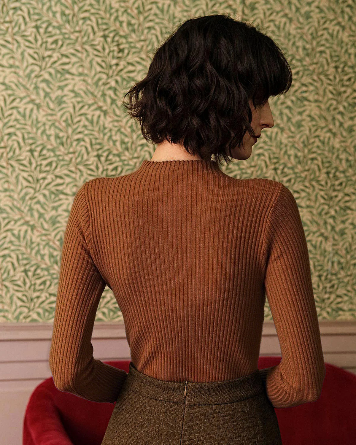 Caramel Mock Neck Ribbed Knit Tee - Image 7