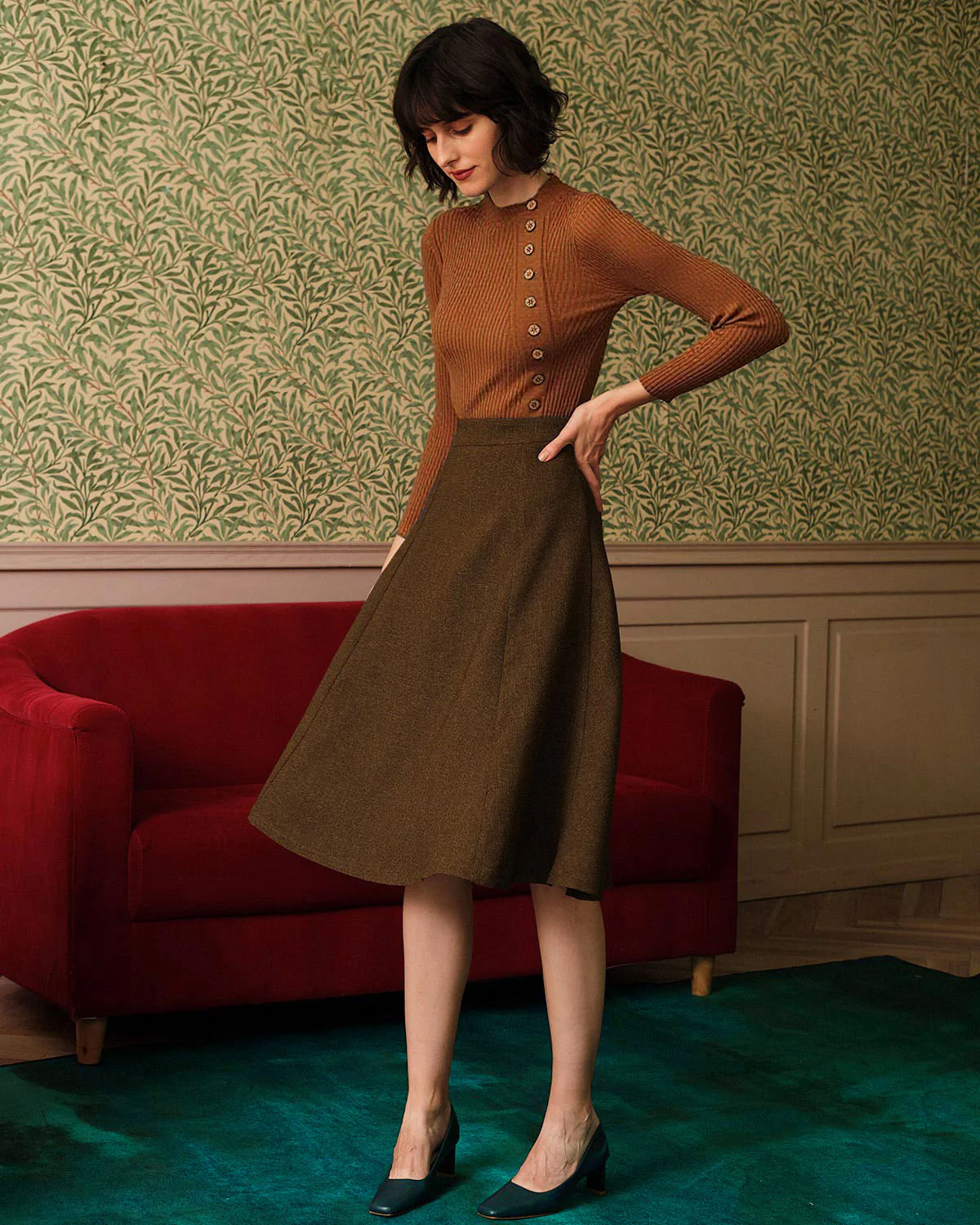 Caramel Mock Neck Ribbed Knit Tee - Image 8