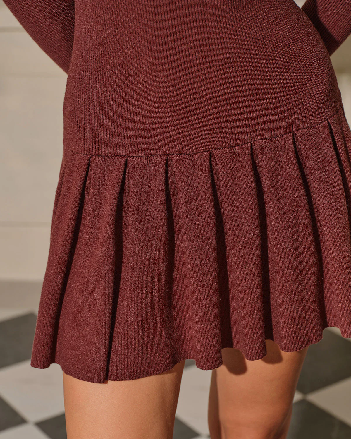 Coffee A-Line Pleated Sweater Dress - Image 2