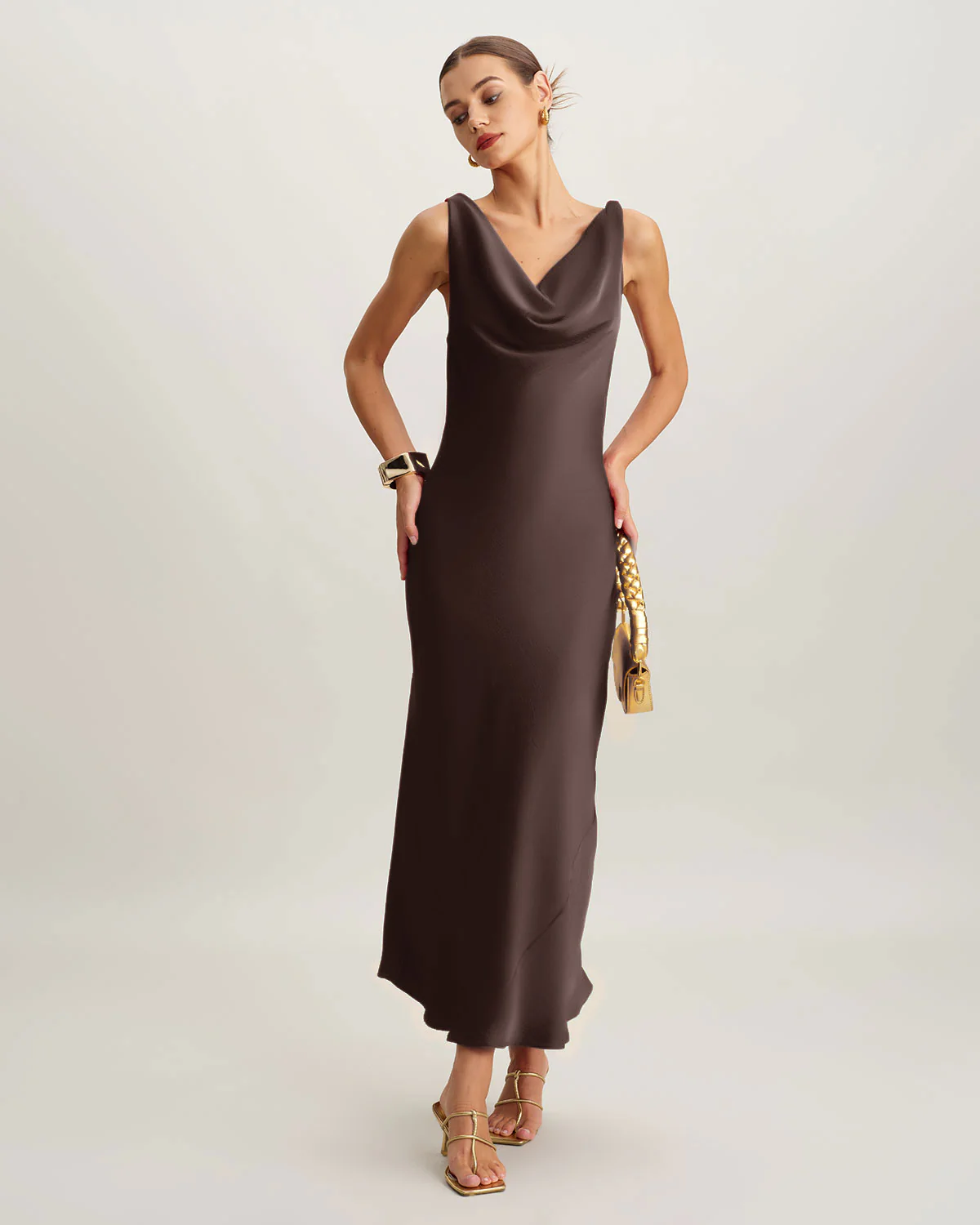 Coffee Cowl Neck Satin Maxi Dress - Image 3