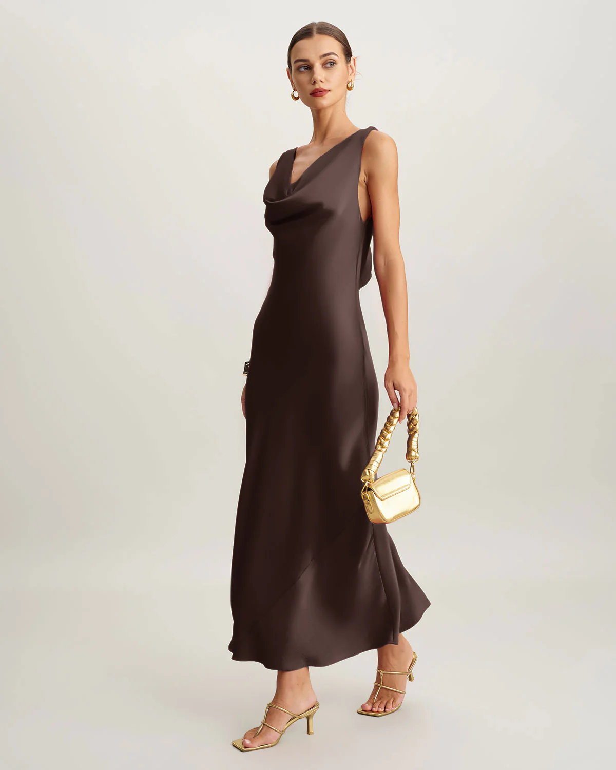 Coffee Cowl Neck Satin Maxi Dress - Image 4