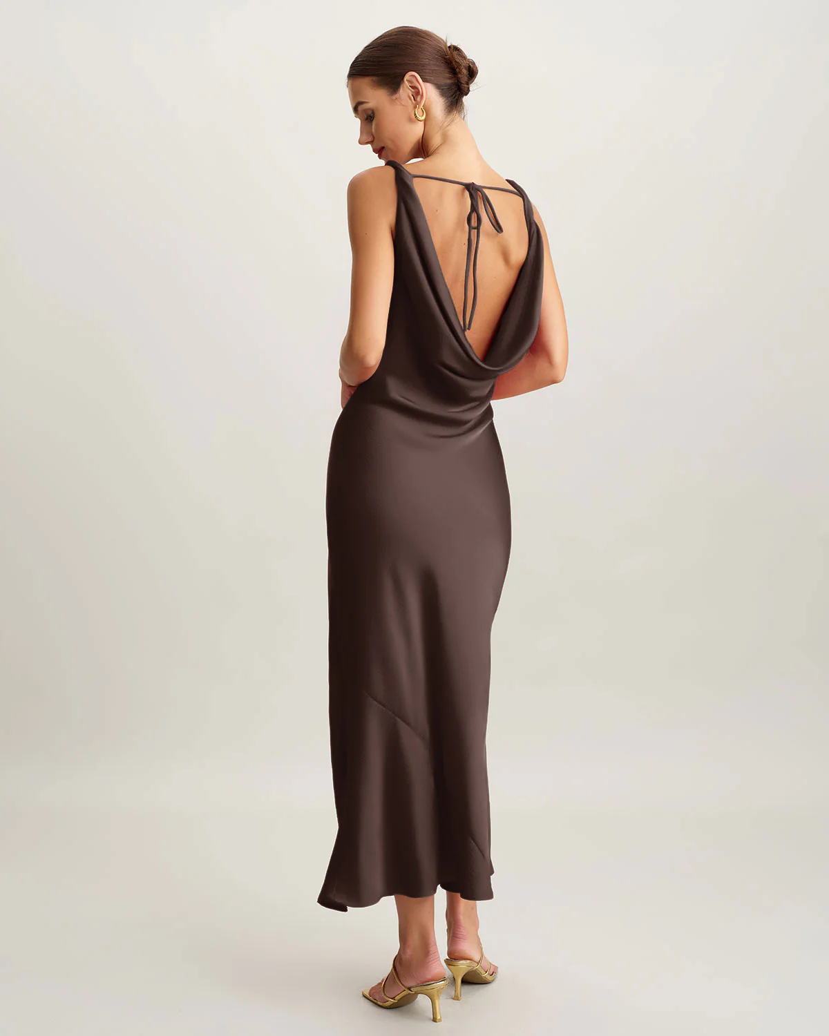 Coffee Cowl Neck Satin Maxi Dress - Image 5