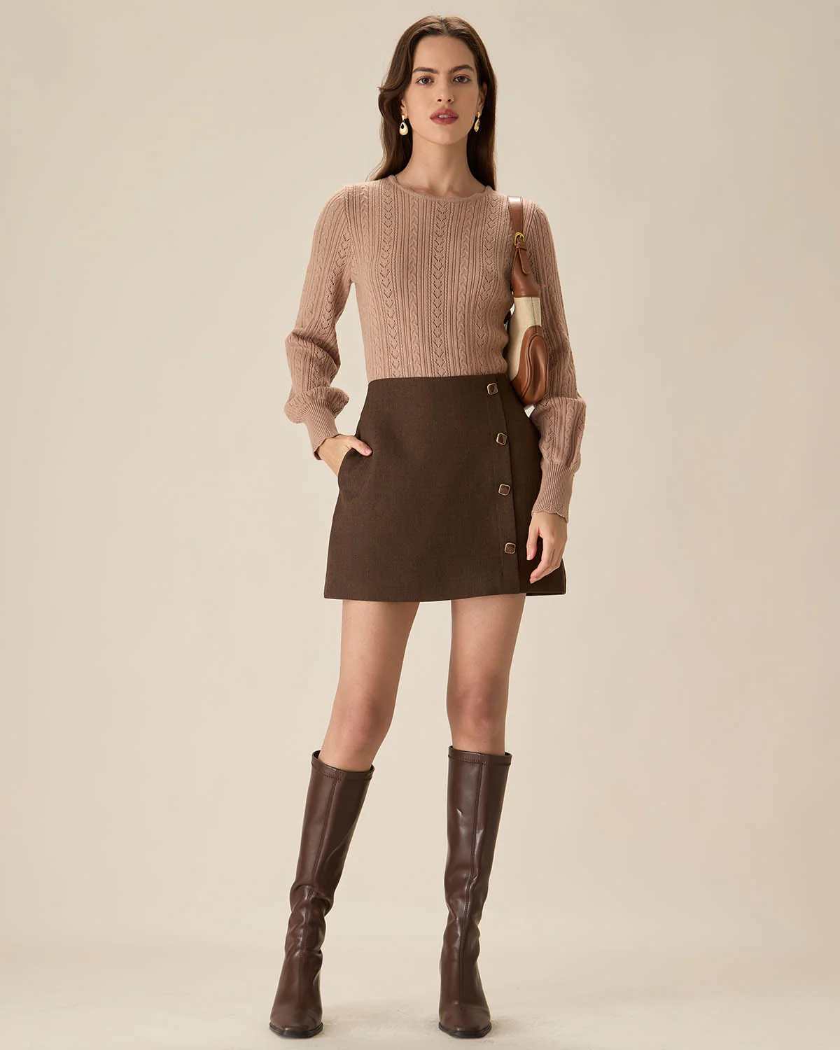Coffee High-waisted Button Mini Skirt - Image 3
