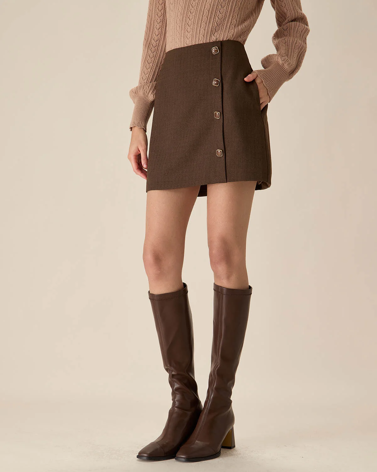 Coffee High-waisted Button Mini Skirt - Image 4