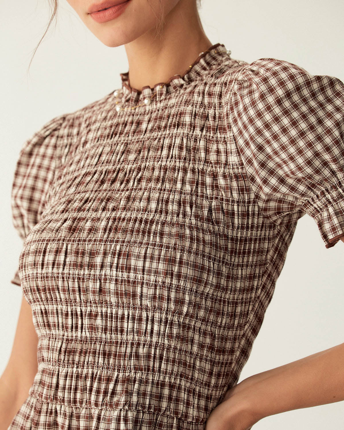 Coffee Gingham Puffed Sleeve Mini Dress - Image 2