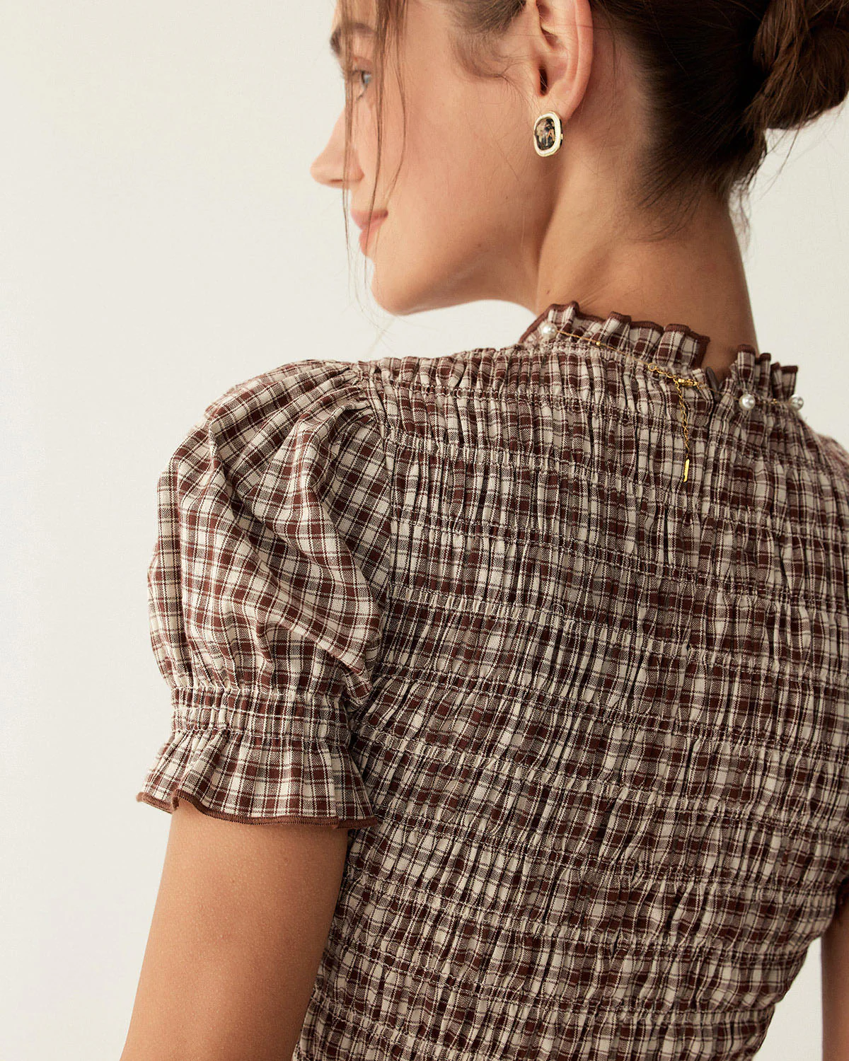Coffee Gingham Puffed Sleeve Mini Dress - Image 3