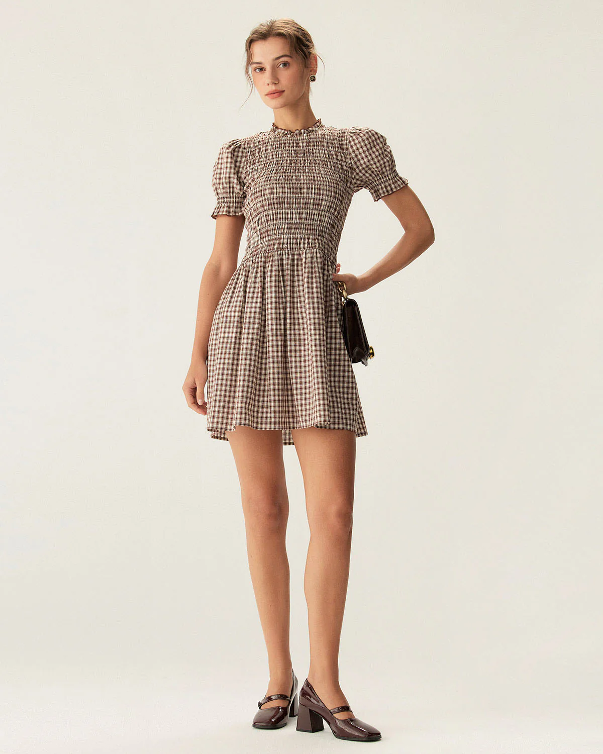 Coffee Gingham Puffed Sleeve Mini Dress - Image 4