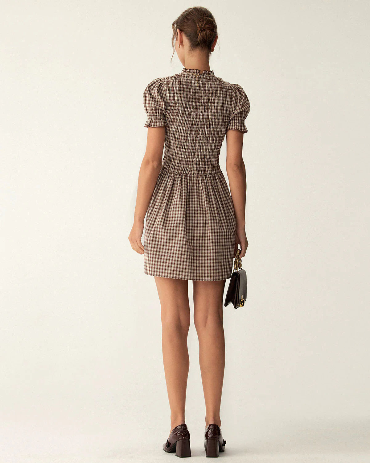 Coffee Gingham Puffed Sleeve Mini Dress - Image 5