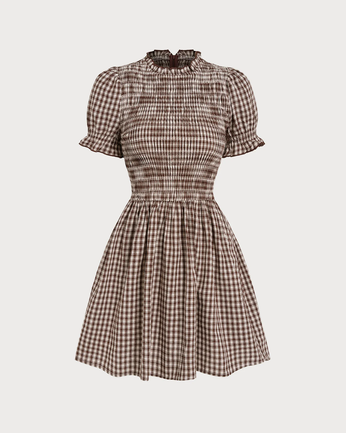 Coffee Gingham Puffed Sleeve Mini Dress - Image 6