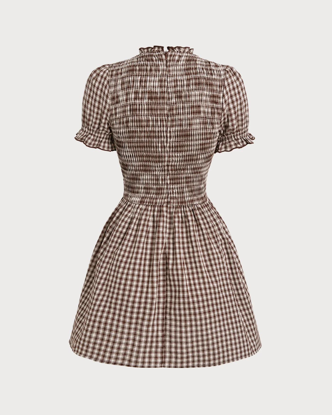Coffee Gingham Puffed Sleeve Mini Dress - Image 7