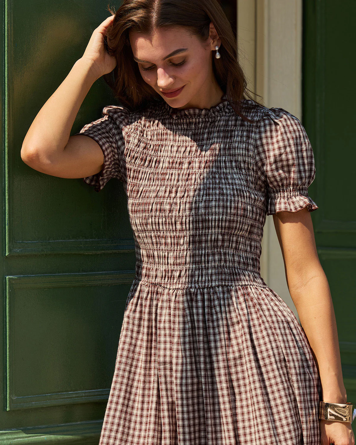 Coffee Plaid Shirred Puffed Sleeve Midi Dress - Image 2