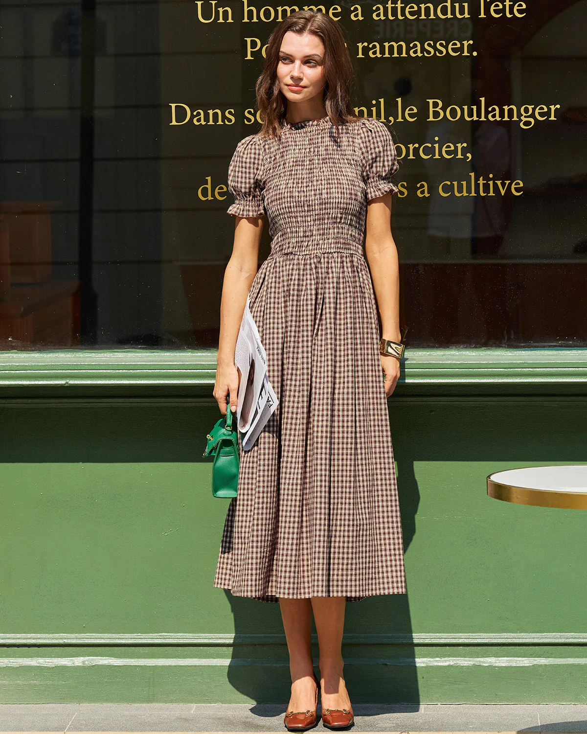Coffee Plaid Shirred Puffed Sleeve Midi Dress - Image 3