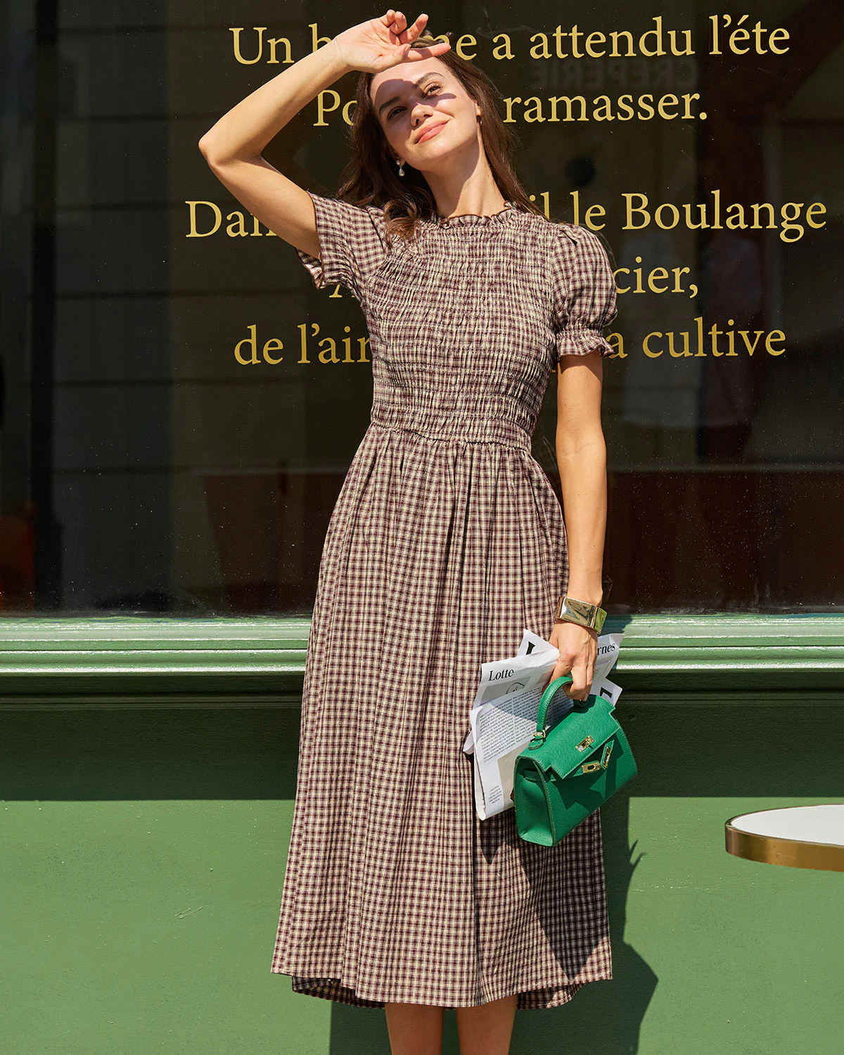 Coffee Plaid Shirred Puffed Sleeve Midi Dress - Image 4