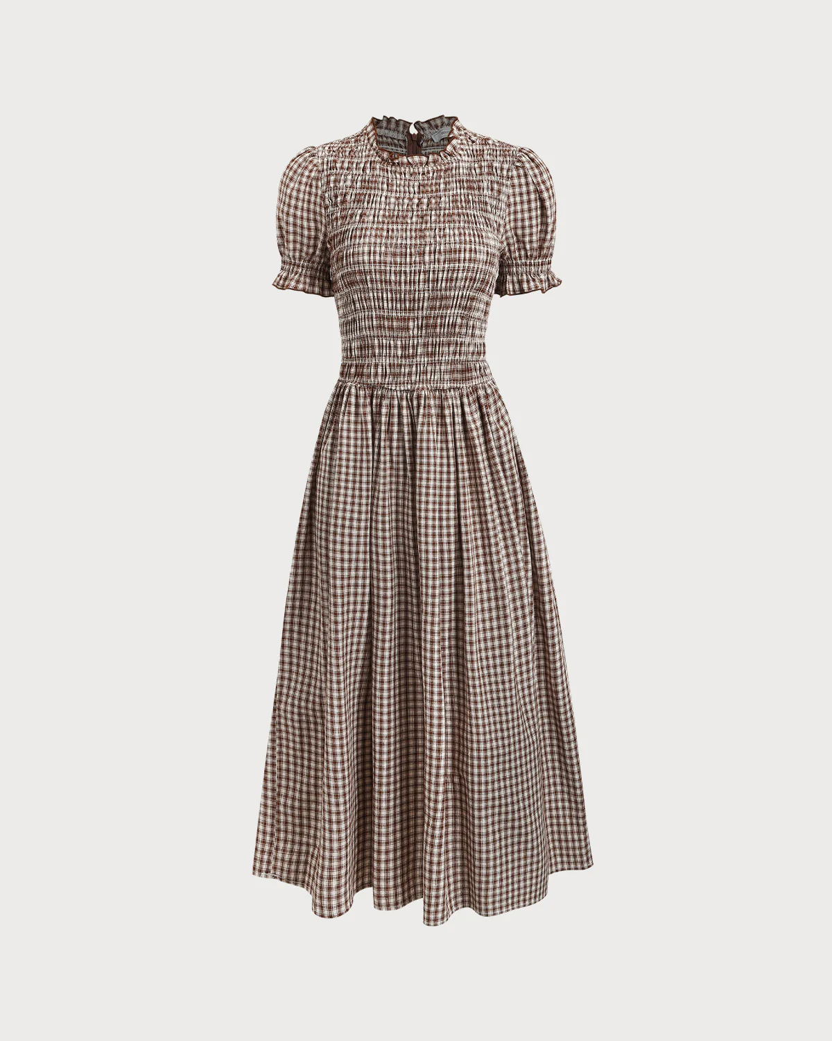 Coffee Plaid Shirred Puffed Sleeve Midi Dress - Image 6