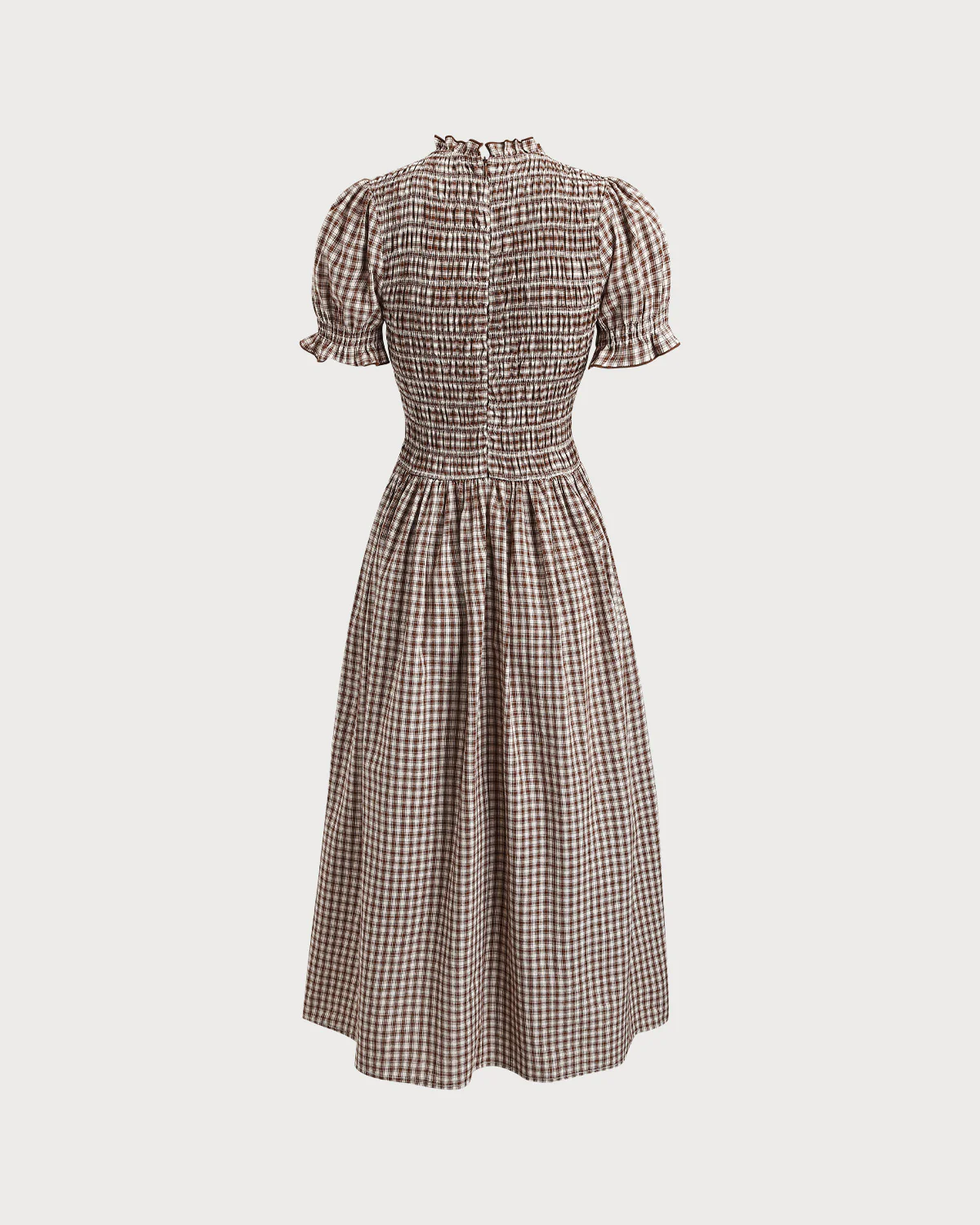 Coffee Plaid Shirred Puffed Sleeve Midi Dress - Image 7