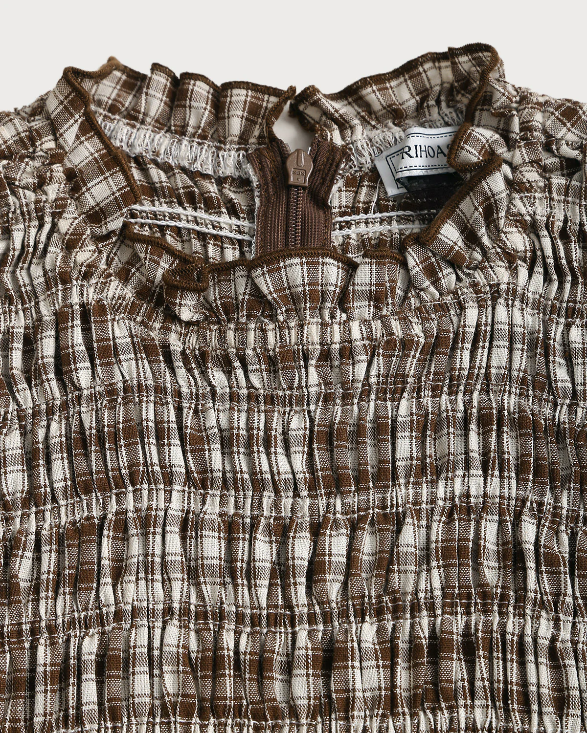 Coffee Plaid Shirred Puffed Sleeve Midi Dress - Image 8