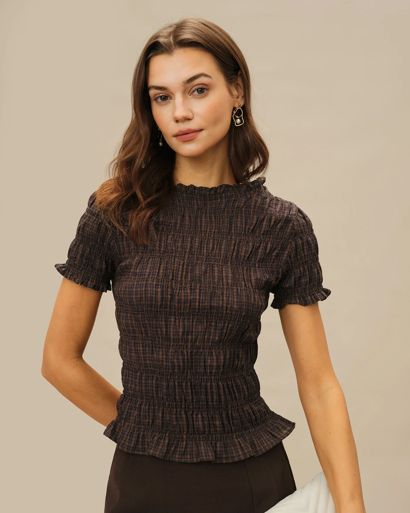 Coffee Plaid Shirred Tee