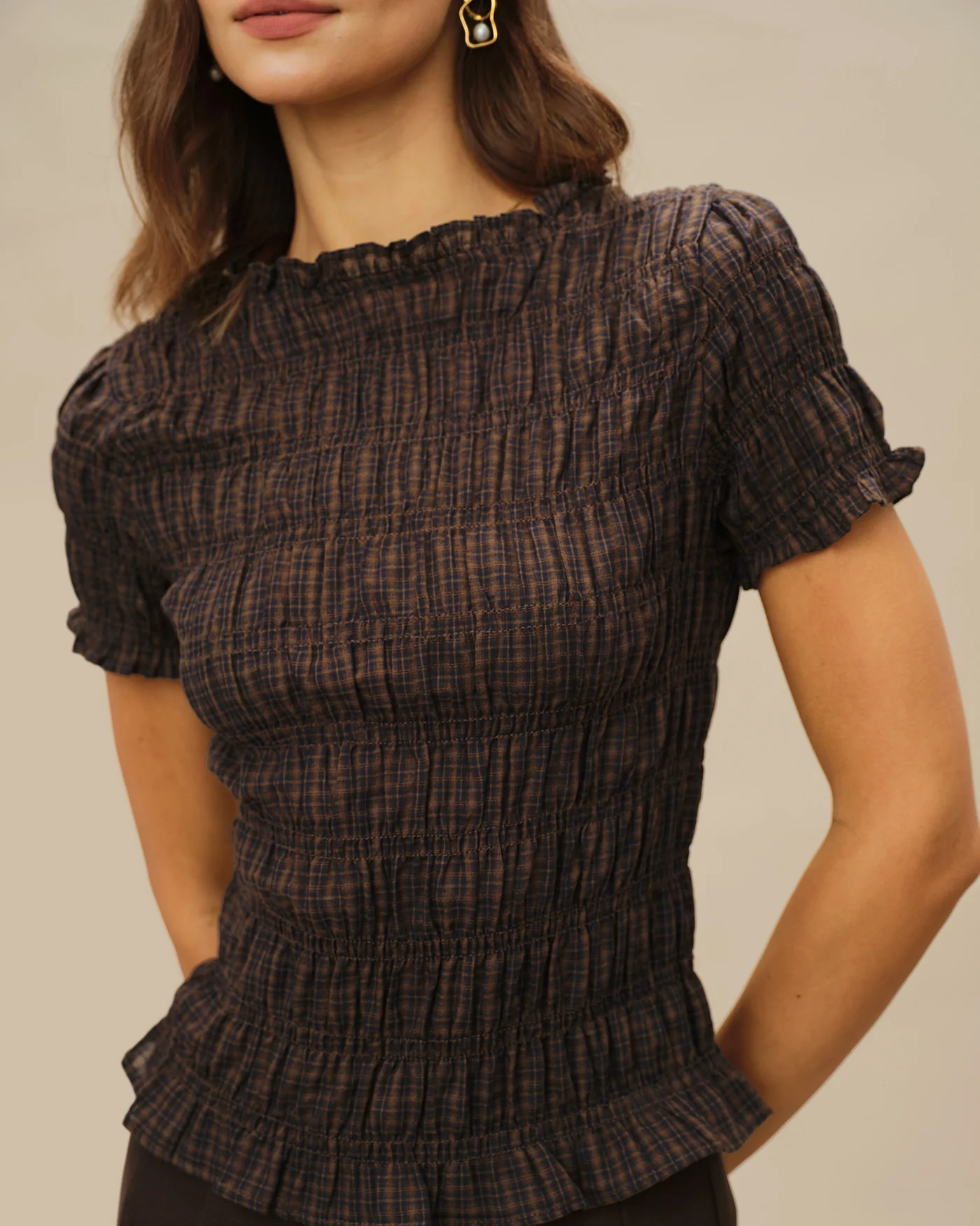 Coffee Plaid Shirred Tee - Image 2