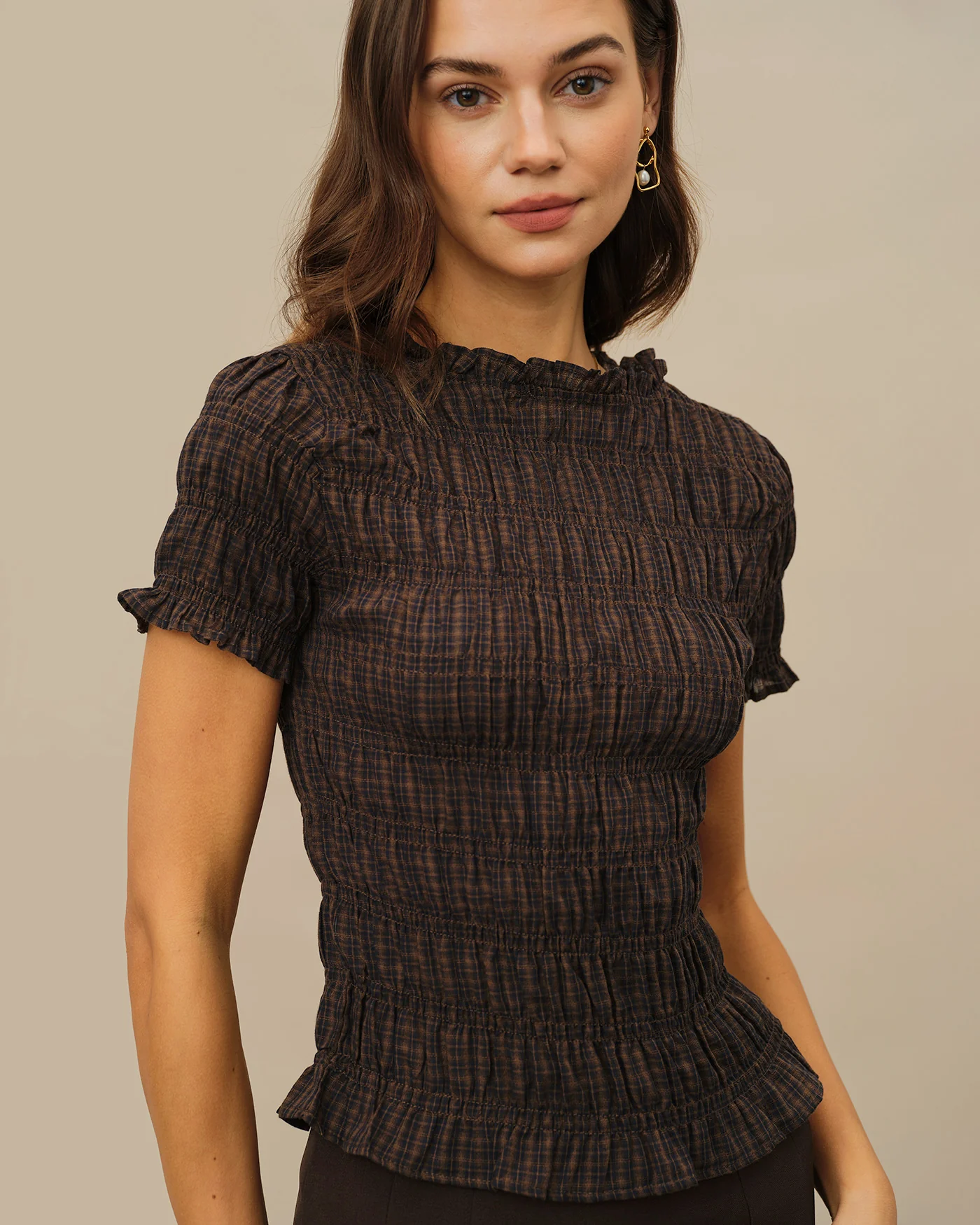 Coffee Plaid Shirred Tee - Image 3