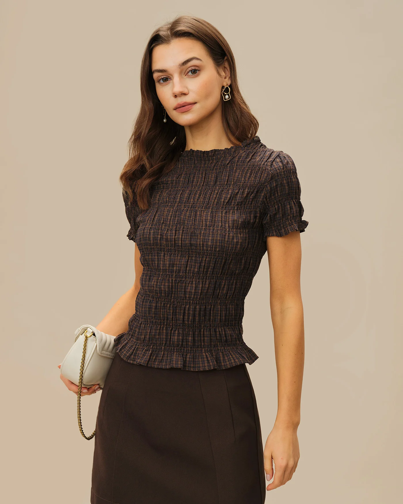 Coffee Plaid Shirred Tee - Image 4