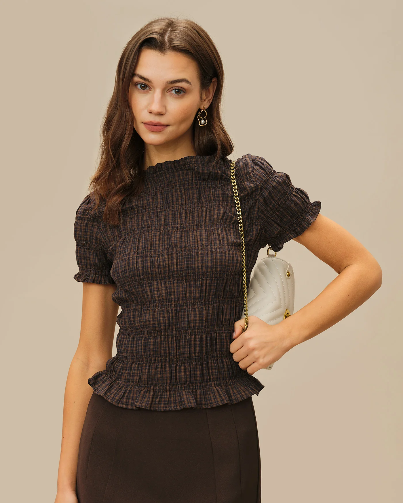 Coffee Plaid Shirred Tee - Image 5
