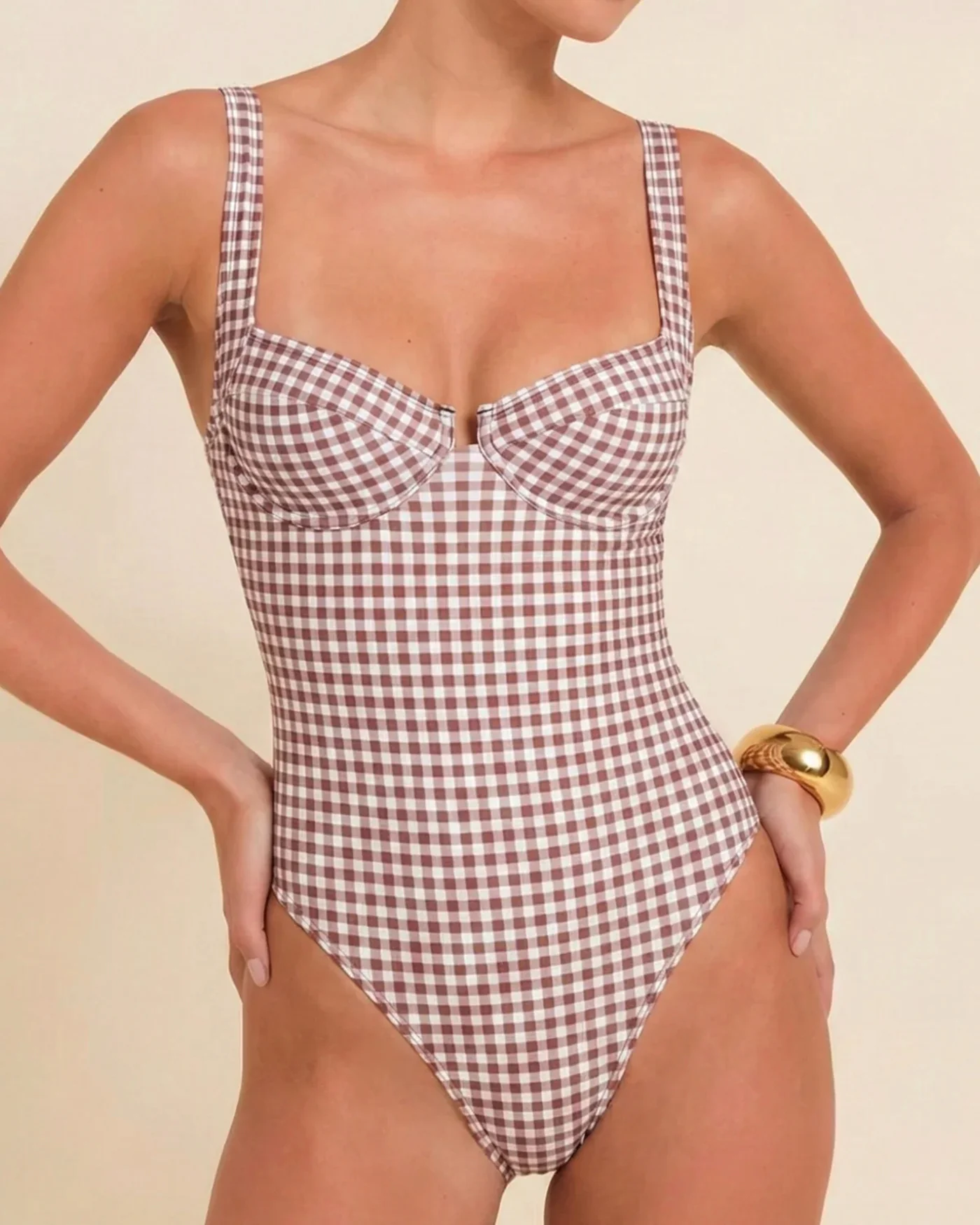 Coffee Plaid Underwire One Piece Swimwear - Image 2