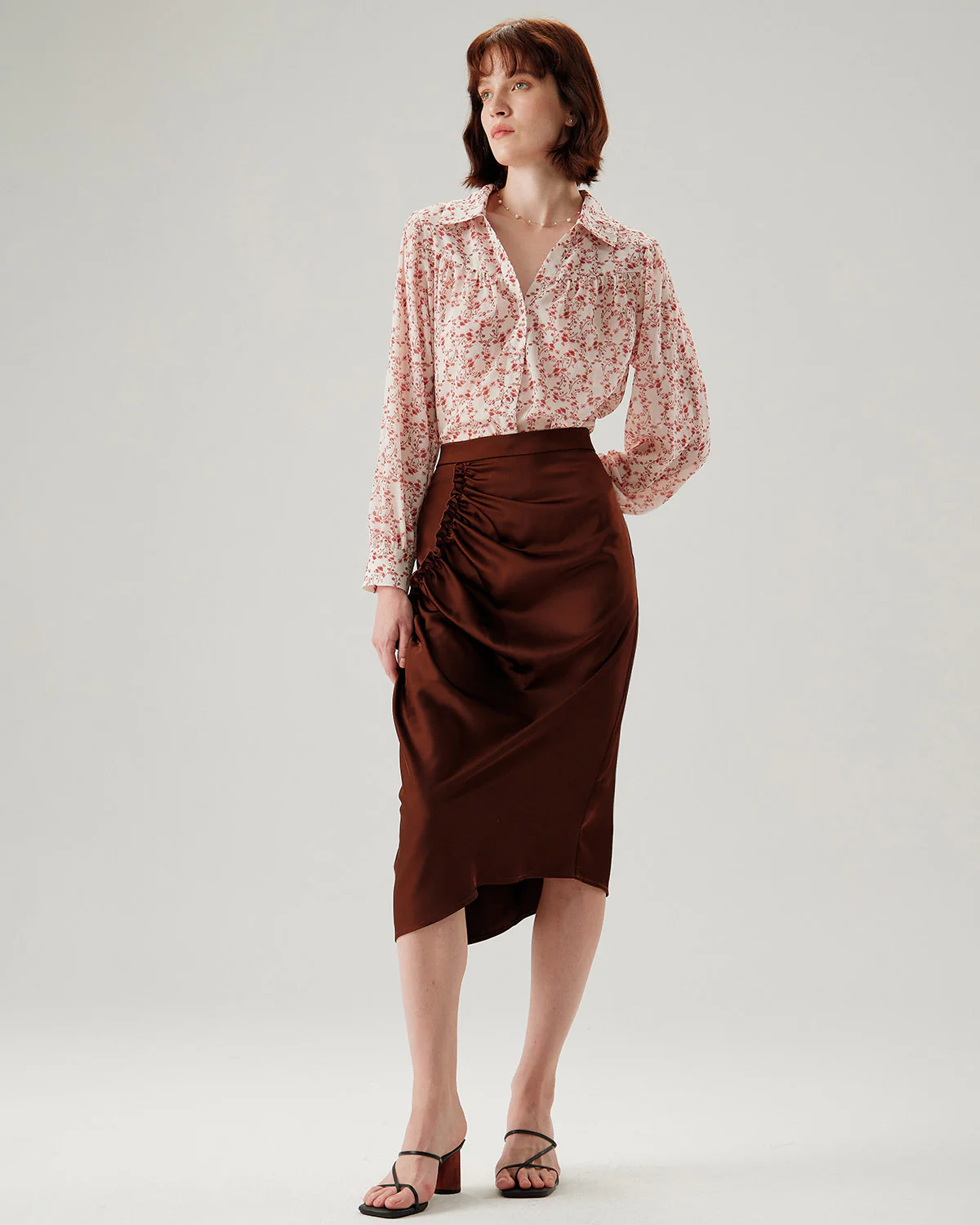 Coffee Ruched Pencil Midi Skirt - Image 3