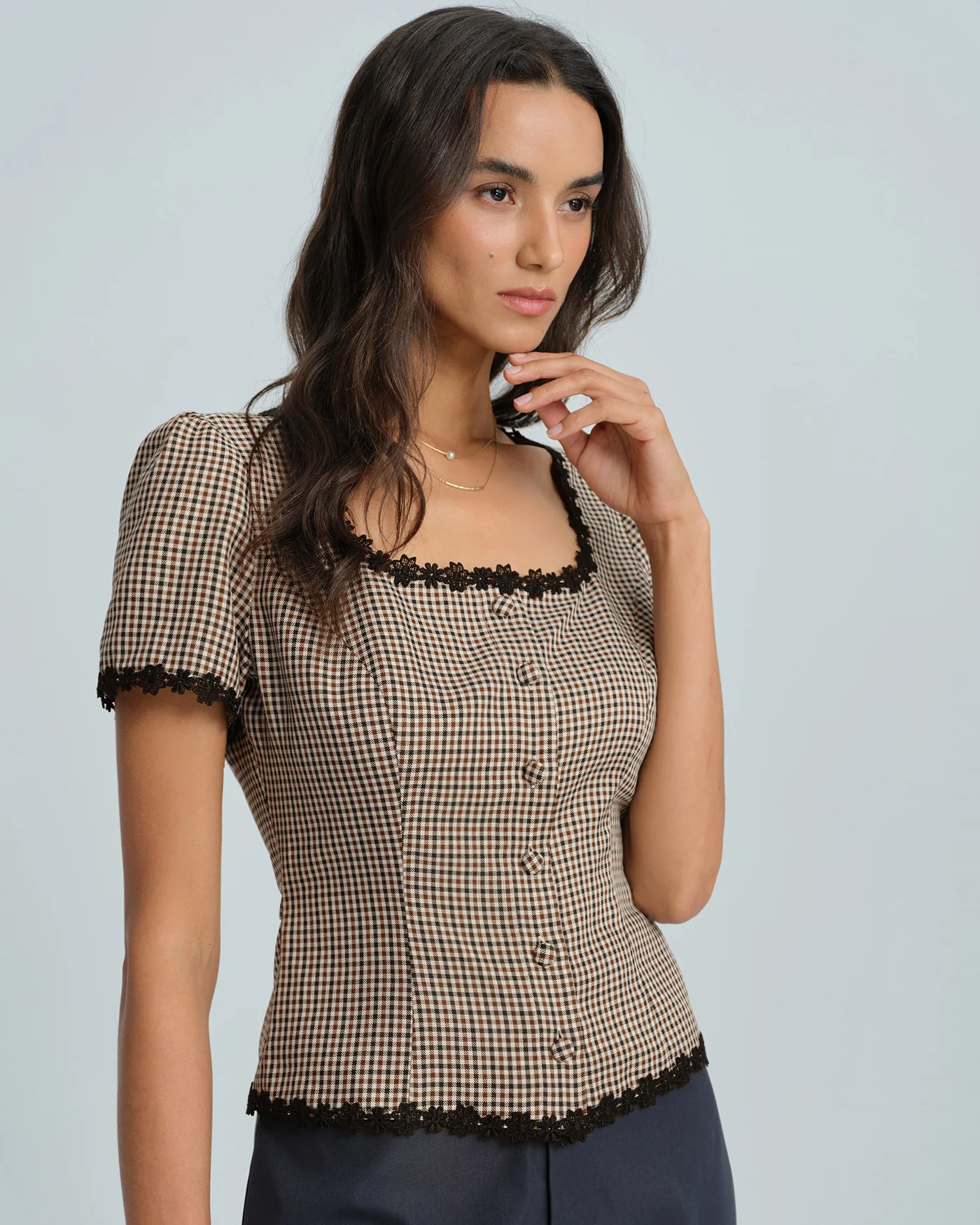 Coffee Square Neck Plaid Blouse - Image 2