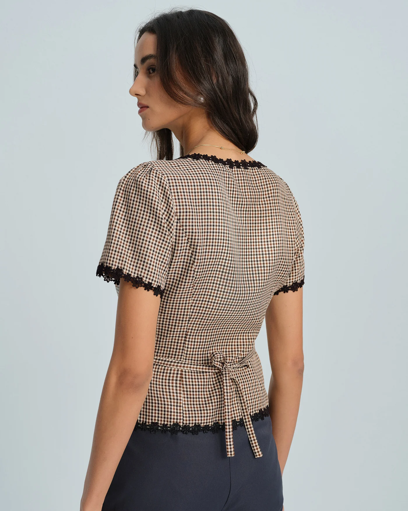 Coffee Square Neck Plaid Blouse - Image 3