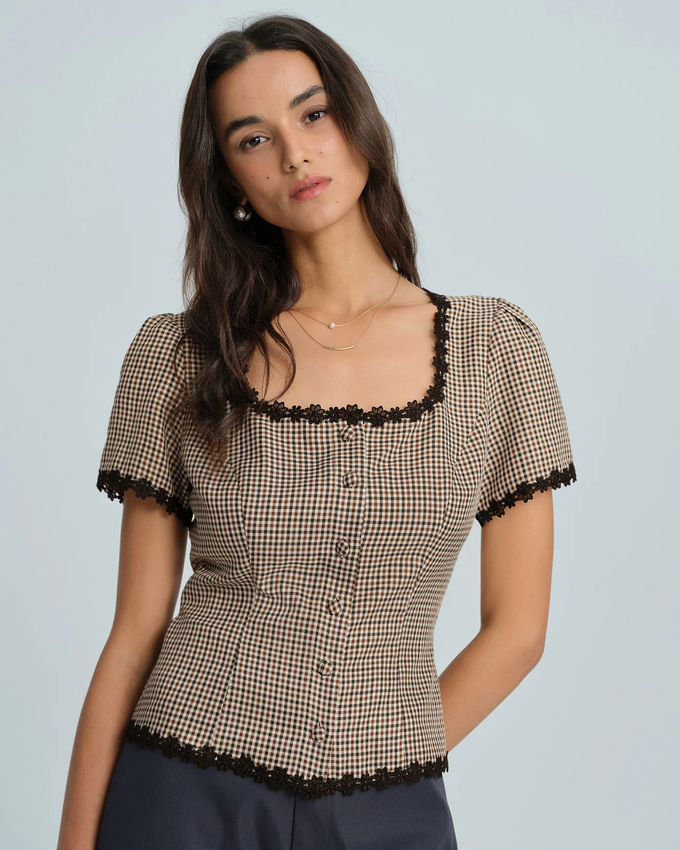 Coffee Square Neck Plaid Blouse - Image 4