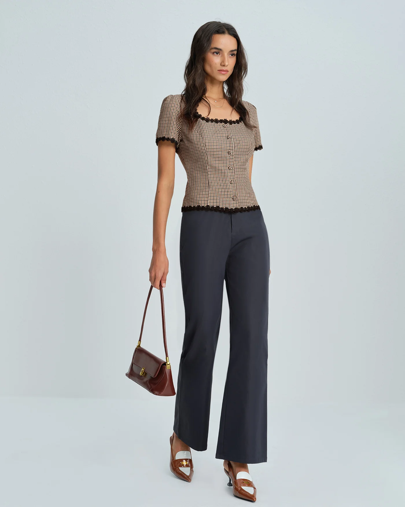 Coffee Square Neck Plaid Blouse - Image 5