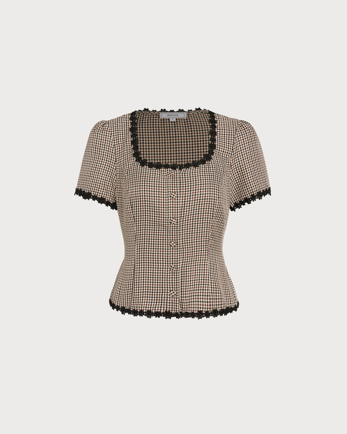 Coffee Square Neck Plaid Blouse - Image 6