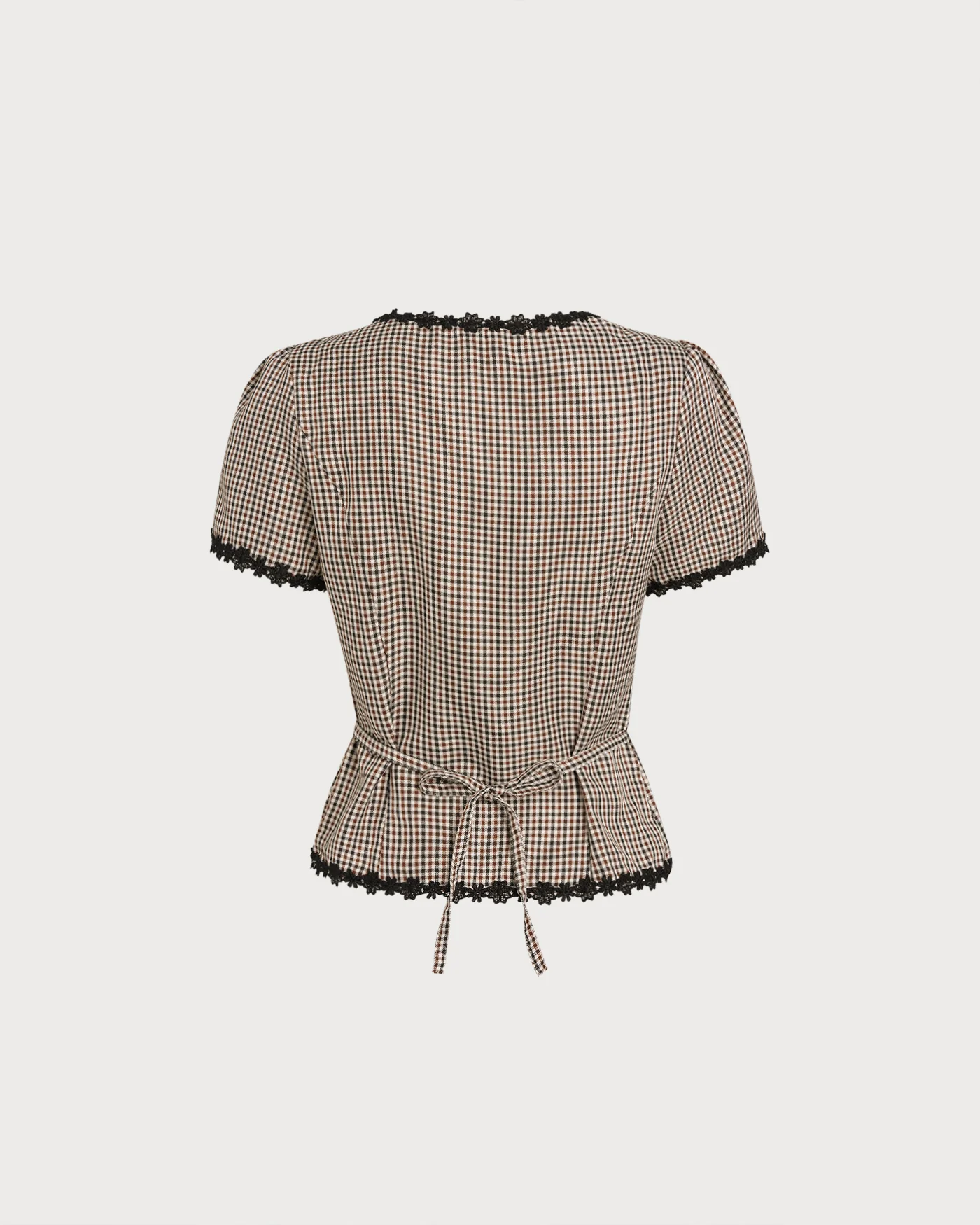 Coffee Square Neck Plaid Blouse - Image 7